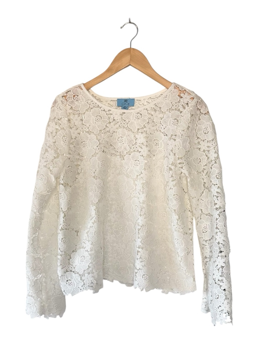 CeCe Cream Floral Lace Long Sleeve Tee Romantic Feminine Top M